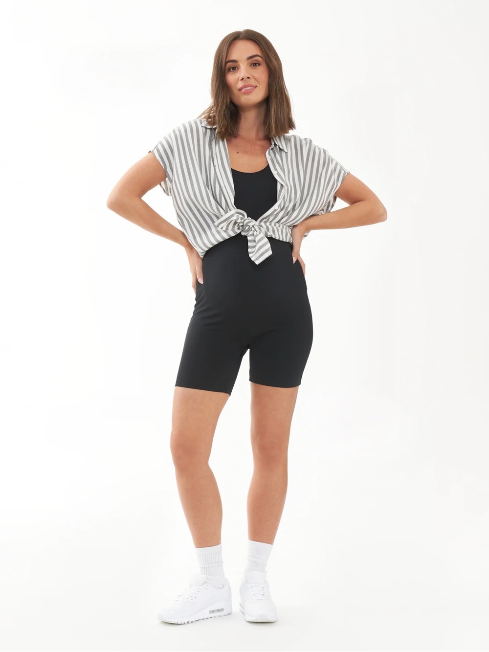 Ripe Maternity Ada Stripe Button Front Tie Shirt Gray White Size M - Picture 2 of 7